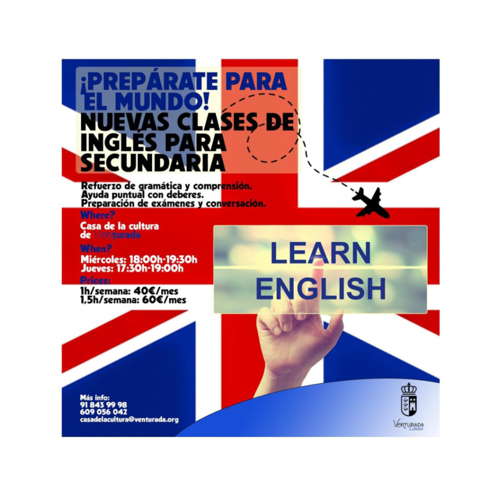 “Promotional flyer for English classes. The background is divided diagonally, with the top half in red and the bottom in blue, featuring a silhouette of the United Kingdom flag. A central white circle contains text in Spanish, promoting preparation for the English world with new classes including secondary help and conversation. Details of class times, such as Wednesday from 18:00 to 19:30 and Thursday from 17:30 to 19:00, are provided along with contact information at the bottom. The phrase ‘Prepare for English’ stands out in large white letters against a transparent banner on the right side.”